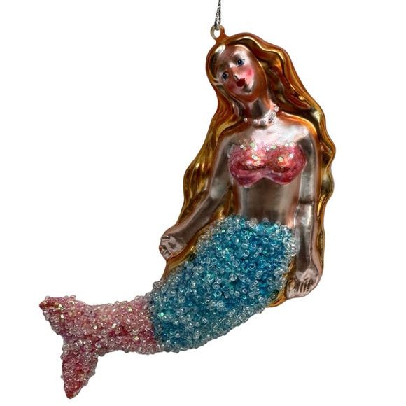 Vintage Mermaid Christmas Ornament Blown Glass Glitter Beads Accents - Picture 8 of 8
